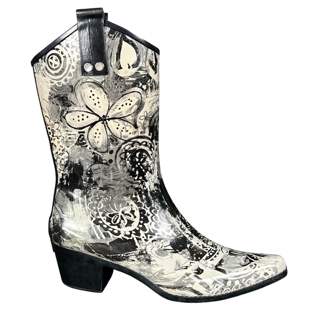 Rain Bops Black White Floral Rubber Rain‎ Boots Western Cowgirl Festival